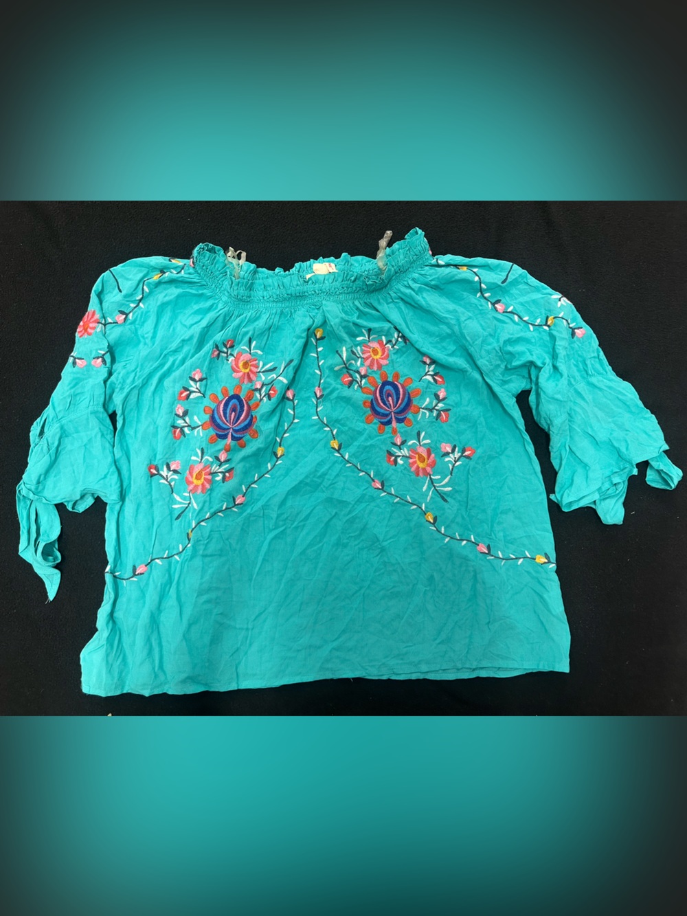 Grand And Greene Embroidered Turquoise Embroidered Off-Shoulder Women's Top